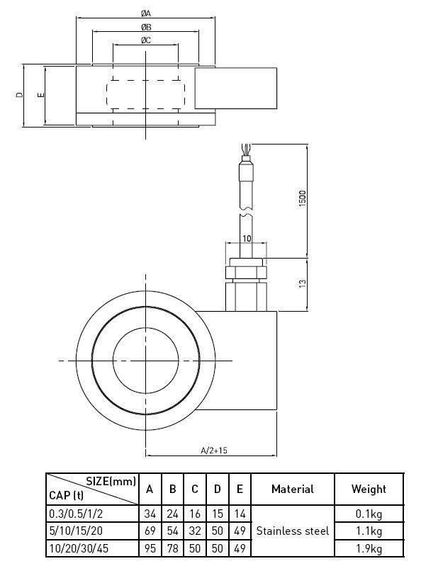 Tipo célula 0.3t de la lavadora de la carga de compresión de la célula de carga del acero inoxidable a 45t