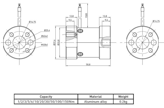 Célula de carga de aluminio del sensor estático rotatorio del esfuerzo de torsión del tipo de columna 1Nm a 150Nm
