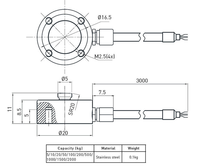 Tipo micro célula del botón de carga con el acero inoxidable, sensor 100kg de la célula de carga del indicador de tensión