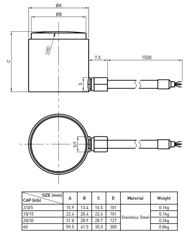 Célula de carga simple del acero inoxidable de la columna con perfil bajo/tamaño compacto